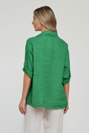Camasa din in cu buzunar pe piept, verde [9]
