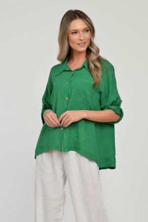 Camasa din in cu buzunar pe piept, verde [1]