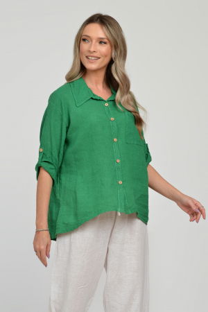 Camasa din in cu buzunar pe piept, verde [5]