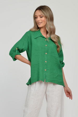 Camasa din in cu buzunar pe piept, verde [7]