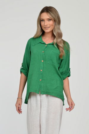 Camasa din in cu buzunar pe piept, verde [8]