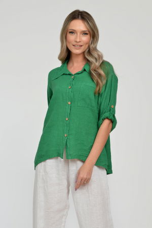 Camasa din in cu buzunar pe piept, verde [6]
