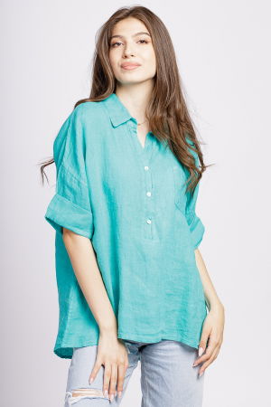 Cămăși din In - Camasa din in turcoaz cu siret pe spate in dreptul gulerului