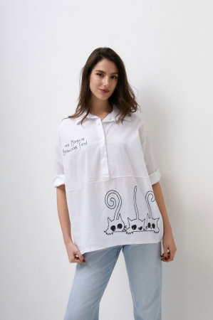 Bluze Casual - Camasa alba lalea, din poplin de bumbac cu pisici jucause