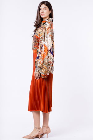 Camasa din satin oversize, cu maneci bufante si imprimeu cu portocaliu si bleumarin [5]