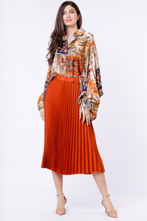 Camasa din satin oversize, cu maneci bufante si imprimeu cu portocaliu si bleumarin [3]