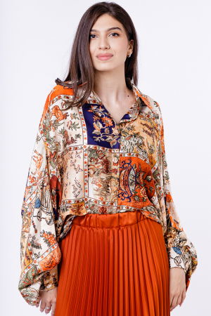 Bluze & Cămăși & Tricouri - Camasa din satin oversize, cu maneci bufante si imprimeu cu portocaliu si bleumarin