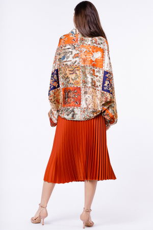 Camasa din satin oversize, cu maneci bufante si imprimeu cu portocaliu si bleumarin [6]
