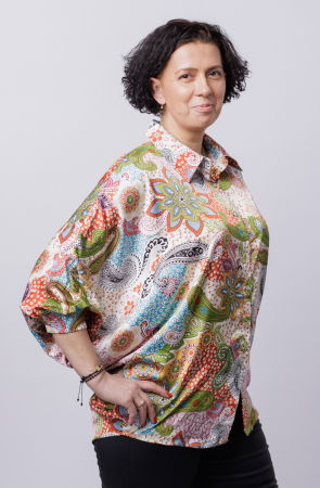 Camasa oversize, cu maneci bufante si imprimeu arabesc cu nuante de bleu si verde [1]