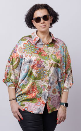 Bluze & Cămăși & Tricouri - Camasa oversize, cu maneci bufante si imprimeu arabesc cu nuante de bleu si verde