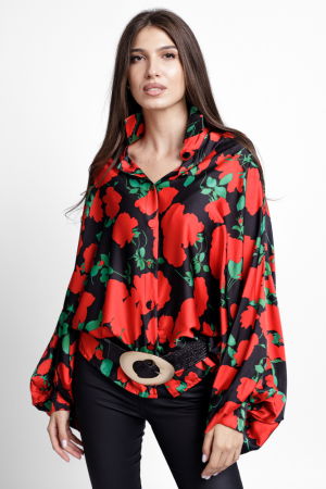 Bluze & Cămăși & Tricouri - Camasa din satin oversize, cu maneci bufante si imprimeu flori rosii pe fond negru