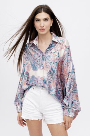 Camasa din satin oversize, cu maneci bufante si imprimeu arabesc cu nuante de roz si bej [1]