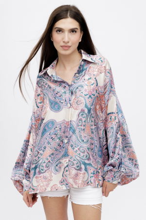 Bluze & Cămăși & Tricouri - Camasa din satin oversize, cu maneci bufante si imprimeu arabesc cu nuante de roz si bej