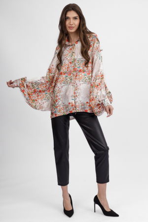 Camasa din satin oversize, cu maneci bufante si imprimeu flori rosii si portocalii pe fond bej [1]