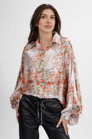 Bluze & Cămăși & Tricouri - Camasa din satin oversize, cu maneci bufante si imprimeu flori rosii si portocalii pe fond bej