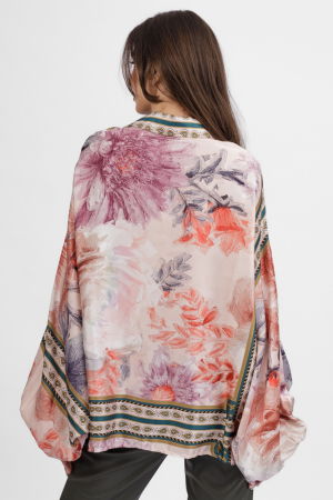 Camasa din satin oversize, cu maneci bufante si imprimeu flori portocalii si lila pe fond bej [3]