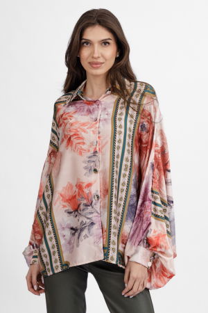 Bluze & Cămăși & Tricouri - Camasa din satin oversize, cu maneci bufante si imprimeu flori portocalii si lila pe fond bej