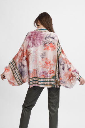 Camasa din satin oversize, cu maneci bufante si imprimeu flori portocalii si lila pe fond bej [4]