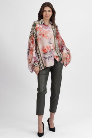 Camasa din satin oversize, cu maneci bufante si imprimeu flori portocalii si lila pe fond bej [2]