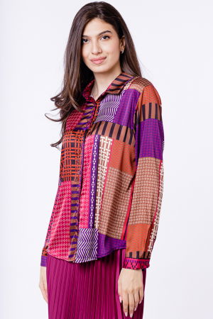 Cămăși Casual - Camasa din satin cu imprimeu geometric predominant mov