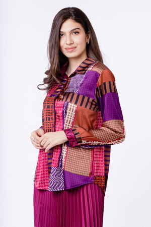 Camasa din satin cu imprimeu geometric predominant mov [1]