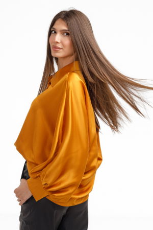 Camasa eleganta din satin, cu maneci bufante, galben mustar [3]