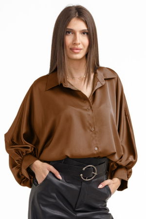 1988 Studio - Camasa eleganta din satin, cu maneci bufante, maro aramiu