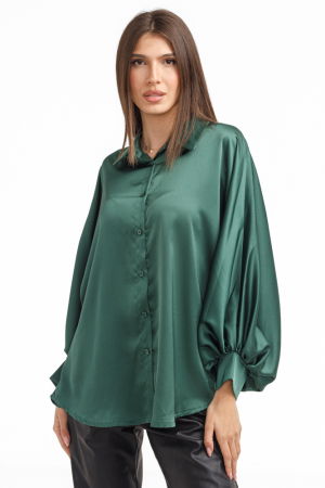 Camasa eleganta din satin, cu maneci bufante, verde forest [2]