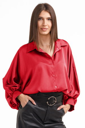 NOUTATI - Camasa eleganta din satin, cu maneci bufante, rosie