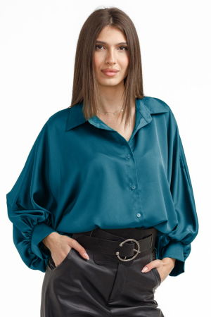 1988 Studio - Camasa eleganta din satin, cu maneci bufante, turcoaz inchis