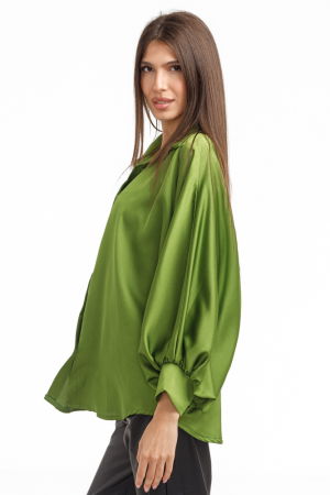 Camasa eleganta din satin, cu maneci bufante, verde olive [4]