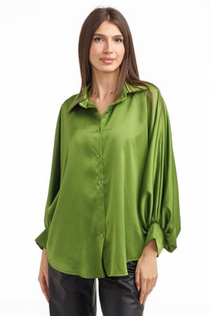 Camasa eleganta din satin, cu maneci bufante, verde olive [3]