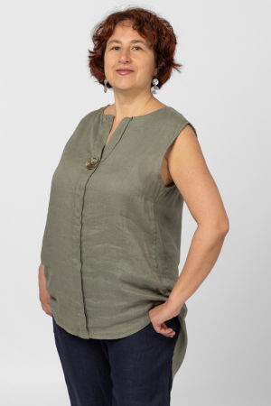 Bluza fara maneci din in cu nasture metalic decorativ, kaki [1]