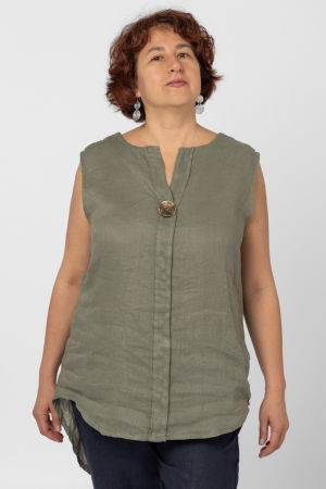 Bluza fara maneci din in cu nasture metalic decorativ, kaki [2]