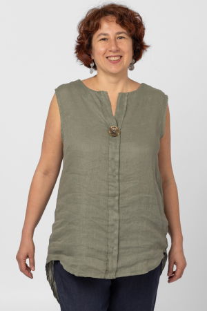 Bluze & Cămăși & Tricouri - Bluza fara maneci din in cu nasture metalic decorativ, kaki