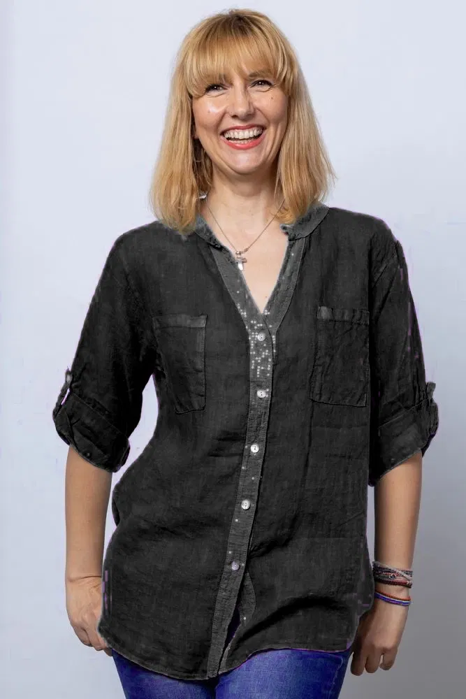 Cămăși din In - Camasa neagra din in cu paiete si dantela pe spate