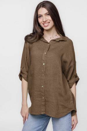 Îmbrăcăminte - Camasa maro lejera, din in cu dantela pe spate