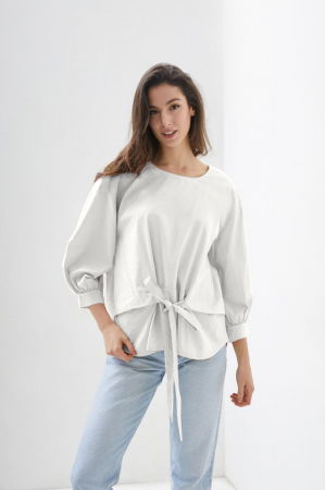 Bluze Casual - Camasa alba din poplin de bumbac cu funda in fata