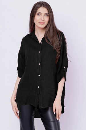 Cămăși din In - Camasa neagra lejera, din in cu fald pe spate