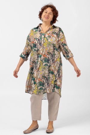 Rochii din Vâscoză - Camasa lunga subtire cu imprimeu pictural aquarela predominant verde