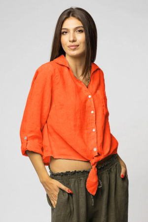 Camasa portocalie din in cu nod in fata [1]