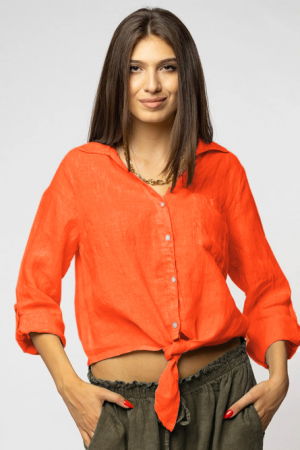 Cămăși din In - Camasa portocalie din in cu nod in fata