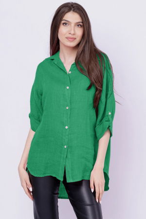 Cămăși din In - Camasa verde  lejera, din in cu fald pe spate