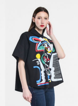 Camasa neagra din poplin satinat de bumbac, cu imprimeu color chipuri [1]