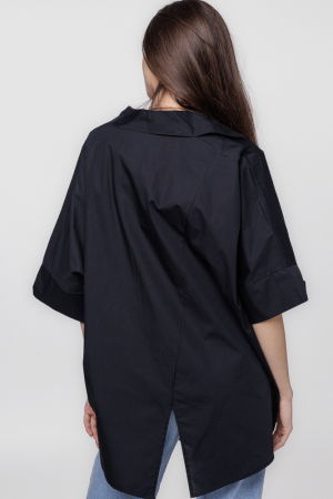 Camasa neagra asimetrica, din poplin satinat de bumbac, cu colturi [2]