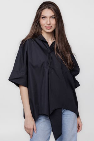 Bluze & Cămăși & Tricouri - Camasa neagra asimetrica, din poplin satinat de bumbac, cu colturi