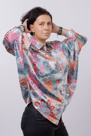 Camasa oversize, cu maneci bufante si imprimeu arabesc cu nuante de bleu si fucsia [5]