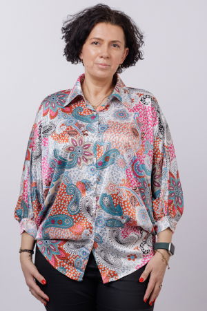 Camasa oversize, cu maneci bufante si imprimeu arabesc cu nuante de bleu si fucsia [7]