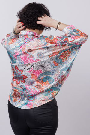 Camasa oversize, cu maneci bufante si imprimeu arabesc cu nuante de bleu si fucsia [2]