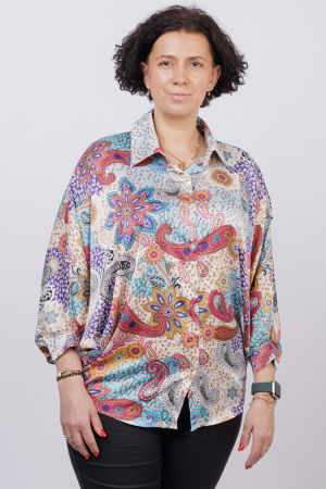 Cămăși din Vâscoză - Camasa oversize, cu maneci fluture si imprimeu arabesc cu nuante de bleu si caramiziu